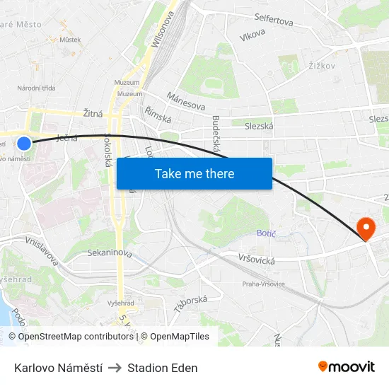 Karlovo Náměstí to Stadion Eden map