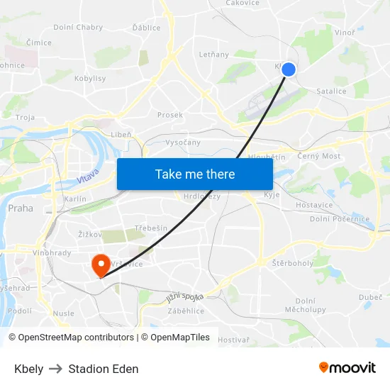 Kbely to Stadion Eden map