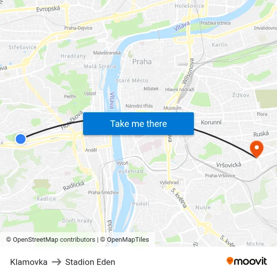 Klamovka to Stadion Eden map