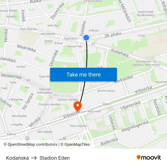 Kodaňská to Stadion Eden map