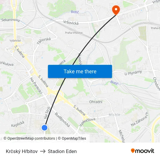 Krčský Hřbitov to Stadion Eden map