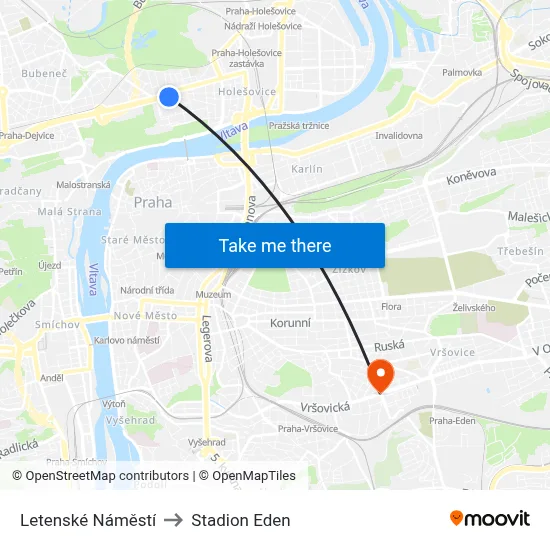 Letenské Náměstí to Stadion Eden map
