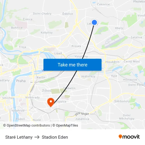 Staré Letňany to Stadion Eden map