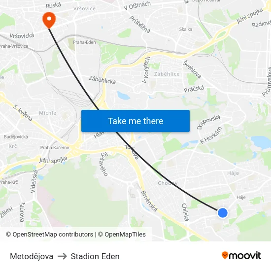 Metodějova to Stadion Eden map