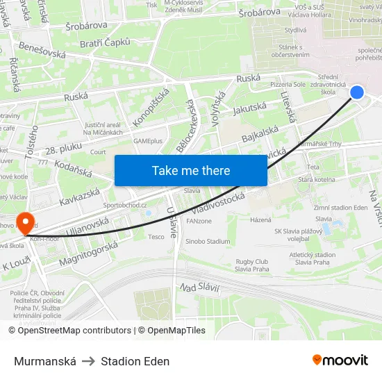 Murmanská to Stadion Eden map