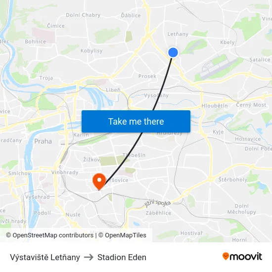 Výstaviště Letňany to Stadion Eden map