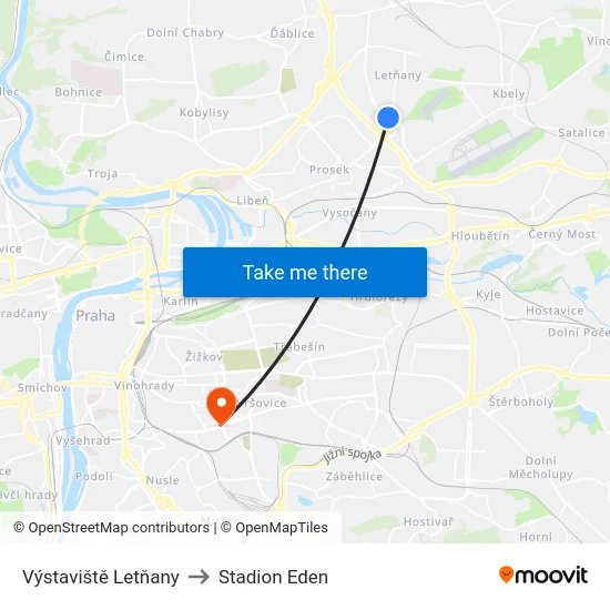 Výstaviště Letňany to Stadion Eden map