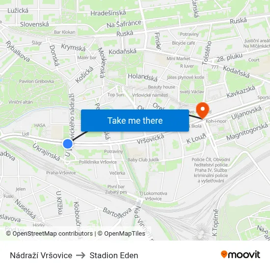Nádraží Vršovice to Stadion Eden map