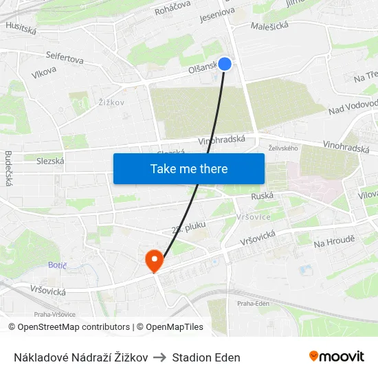 Nákladové Nádraží Žižkov to Stadion Eden map