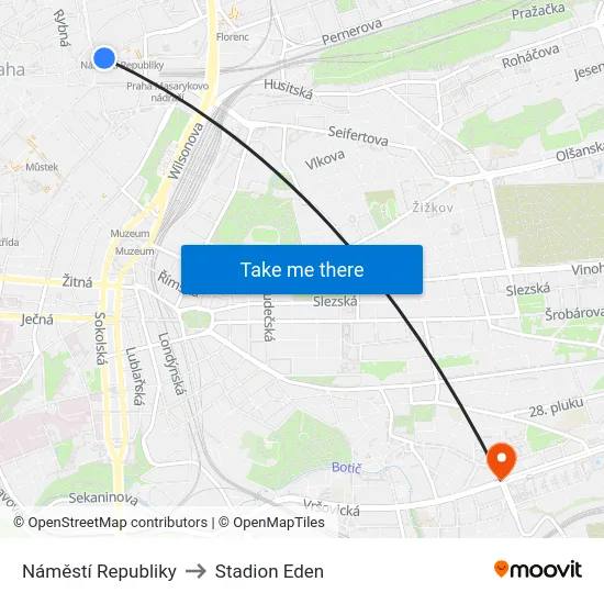 Náměstí Republiky to Stadion Eden map