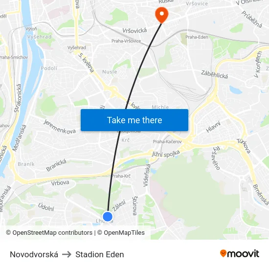 Novodvorská to Stadion Eden map