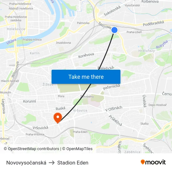 Novovysočanská to Stadion Eden map