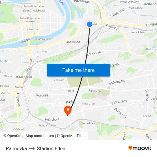 Palmovka to Stadion Eden map
