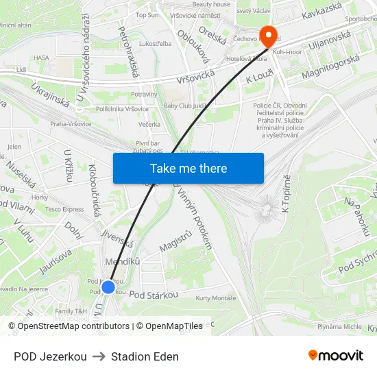 POD Jezerkou to Stadion Eden map