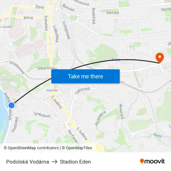 Podolská Vodárna to Stadion Eden map