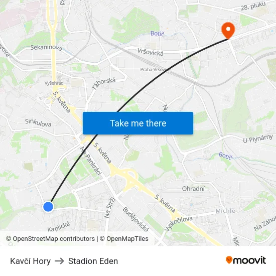 Kavčí Hory to Stadion Eden map