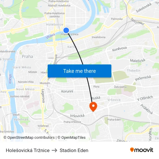 Holešovická Tržnice to Stadion Eden map