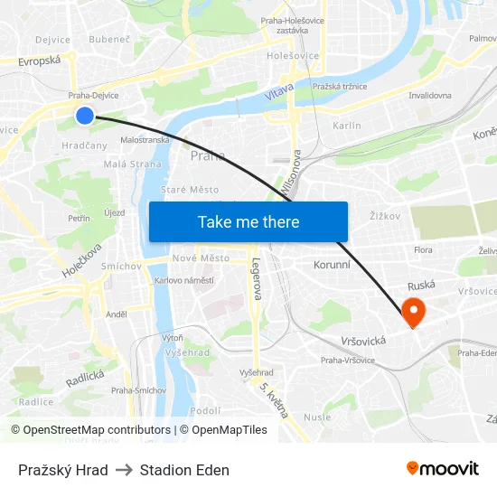 Pražský Hrad to Stadion Eden map