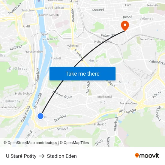 U Staré Pošty to Stadion Eden map