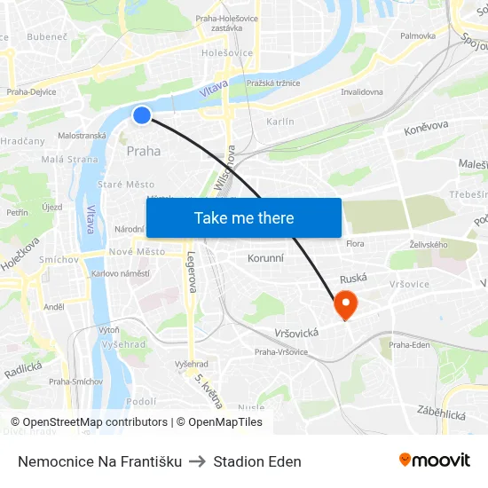Nemocnice Na Františku to Stadion Eden map