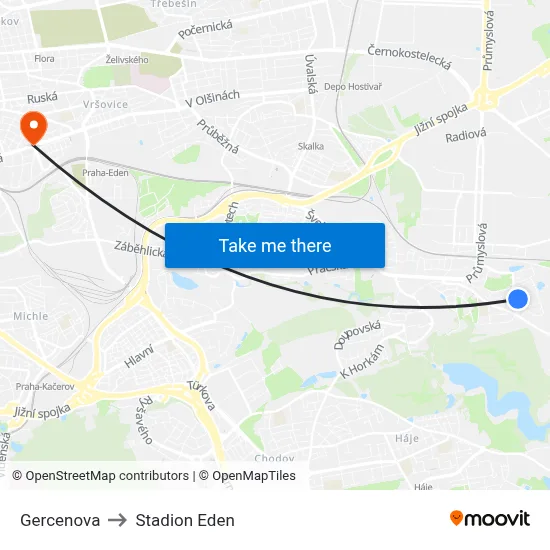 Gercenova to Stadion Eden map