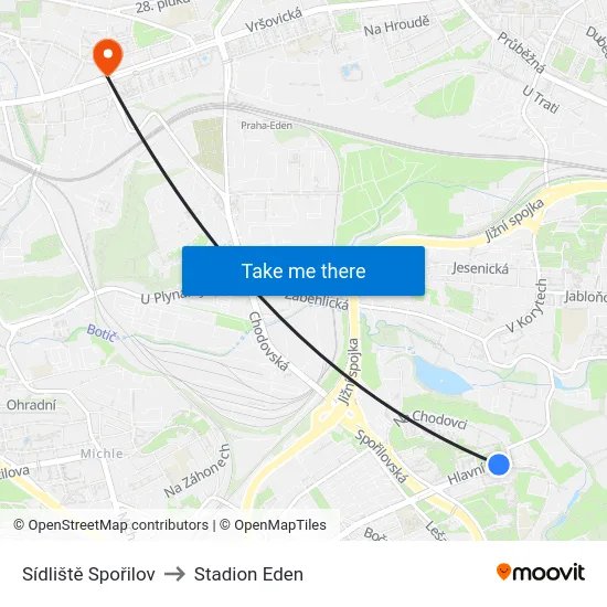 Sídliště Spořilov to Stadion Eden map