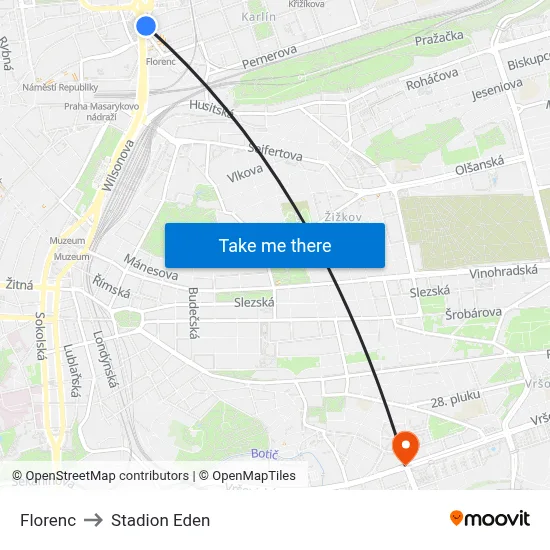 Florenc to Stadion Eden map