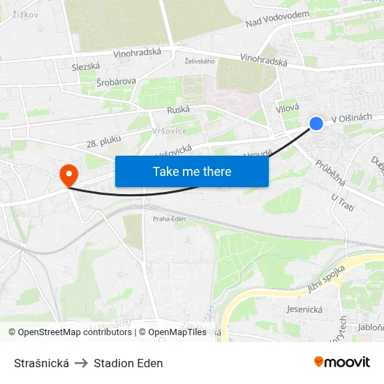 Strašnická to Stadion Eden map