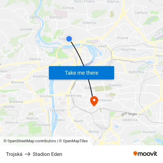 Trojská to Stadion Eden map