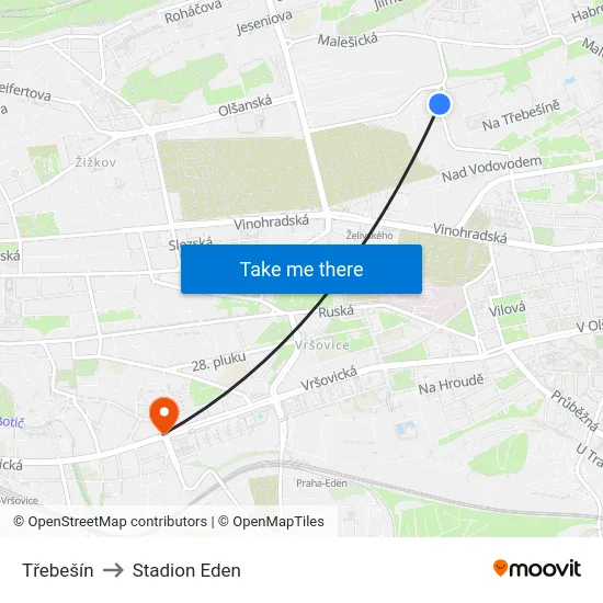 Třebešín to Stadion Eden map
