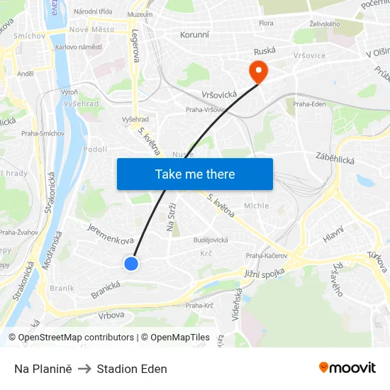 Na Planině to Stadion Eden map