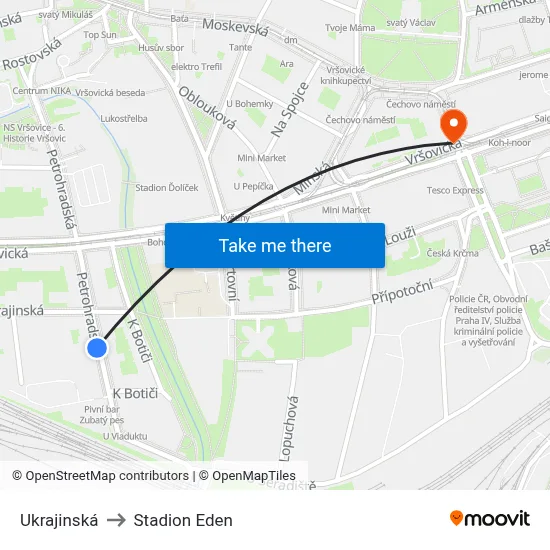 Ukrajinská to Stadion Eden map