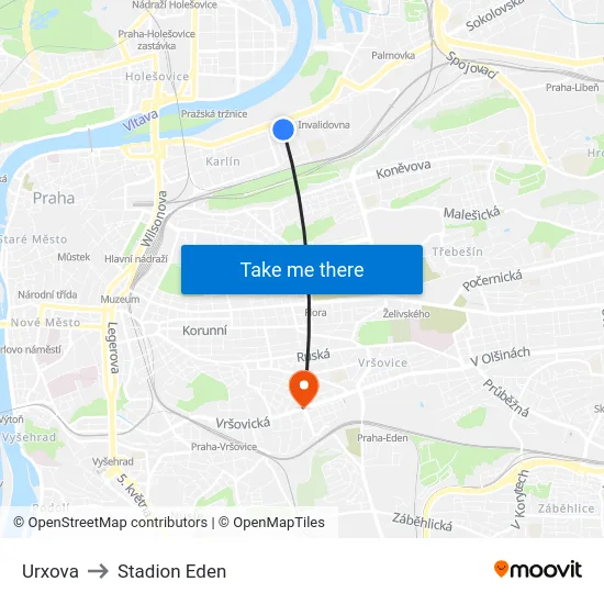 Urxova to Stadion Eden map