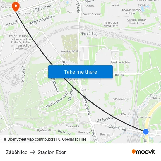 Záběhlice to Stadion Eden map