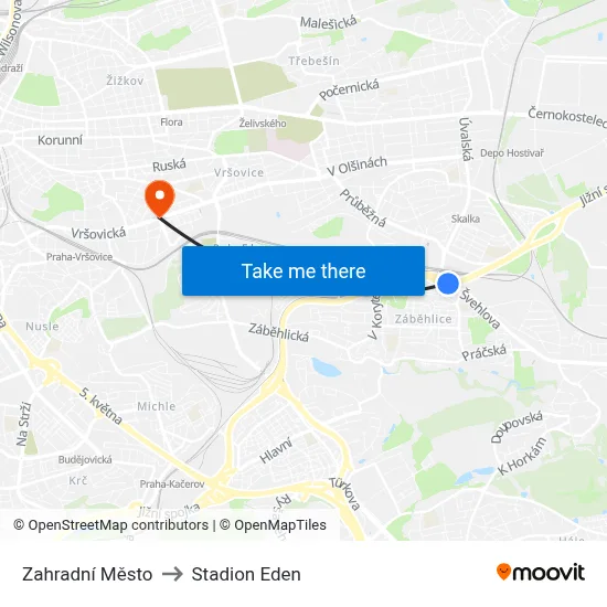 Zahradní Město to Stadion Eden map