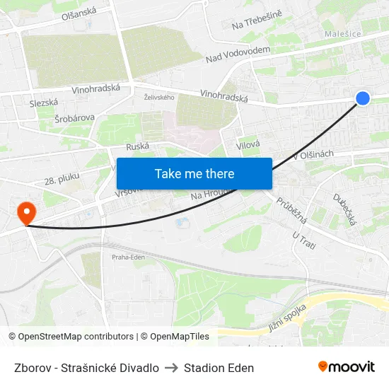 Zborov - Strašnické Divadlo to Stadion Eden map