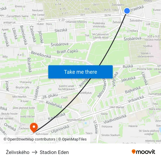 Želivského to Stadion Eden map