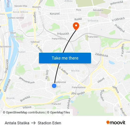 Antala Staška to Stadion Eden map
