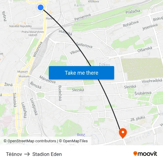Těšnov to Stadion Eden map