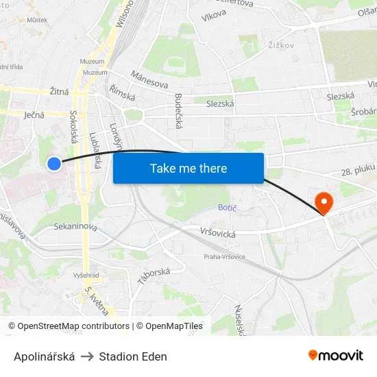 Apolinářská to Stadion Eden map