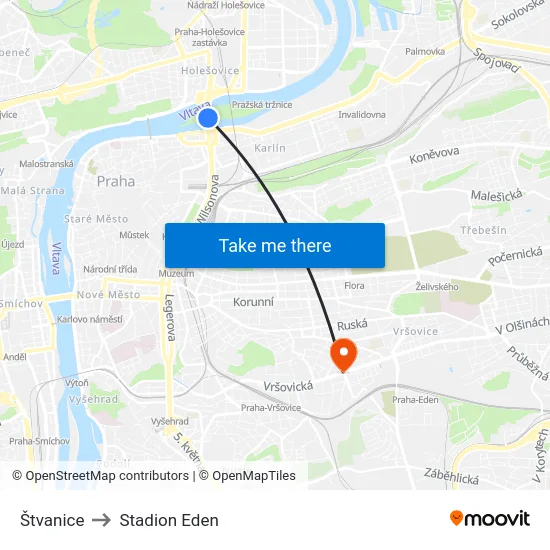 Štvanice to Stadion Eden map