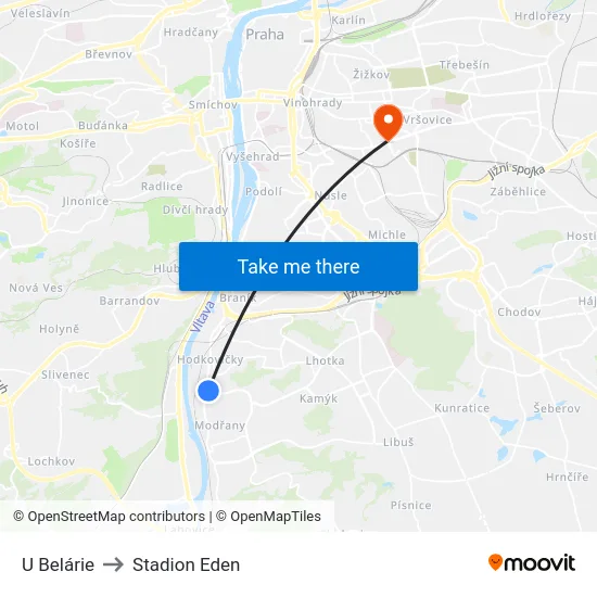 U Belárie to Stadion Eden map