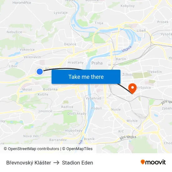 Břevnovský Klášter to Stadion Eden map