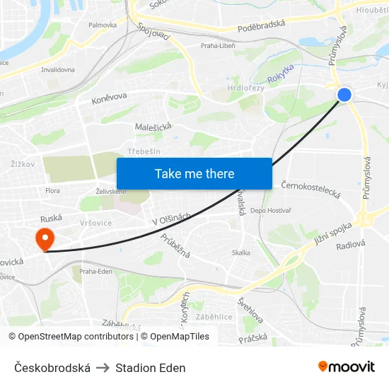 Českobrodská to Stadion Eden map
