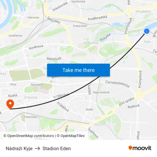 Nádraží Kyje to Stadion Eden map