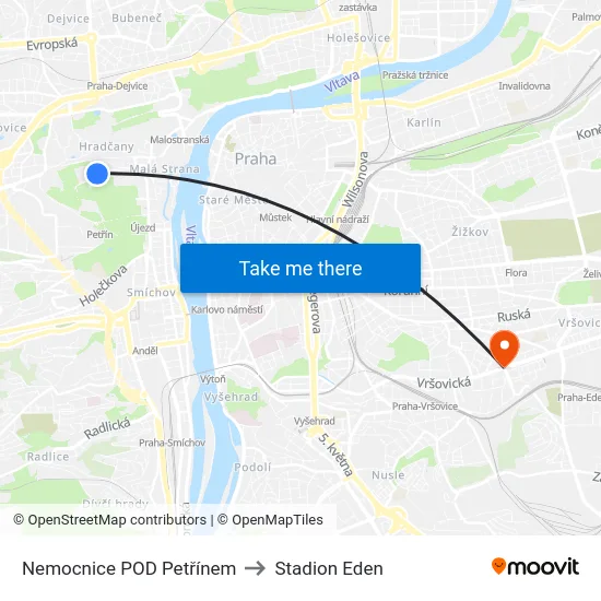 Nemocnice POD Petřínem to Stadion Eden map