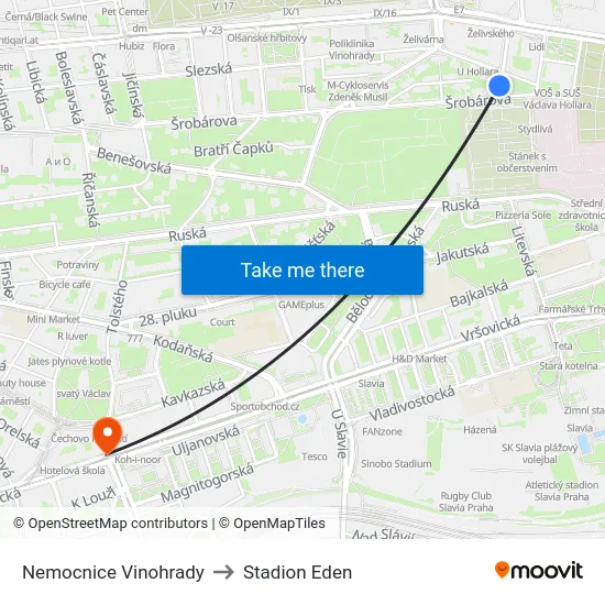 Nemocnice Vinohrady to Stadion Eden map