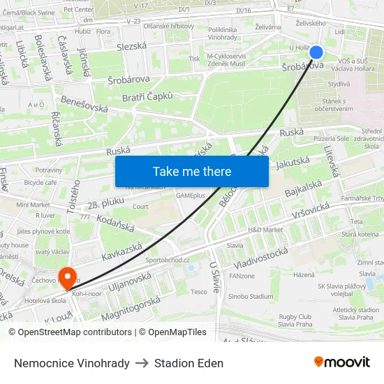 Nemocnice Vinohrady to Stadion Eden map