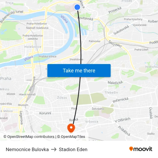 Nemocnice Bulovka to Stadion Eden map