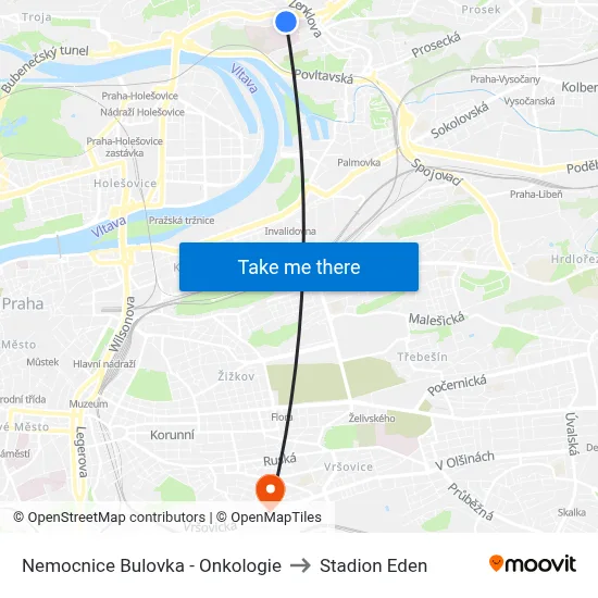 Nemocnice Bulovka - Onkologie to Stadion Eden map